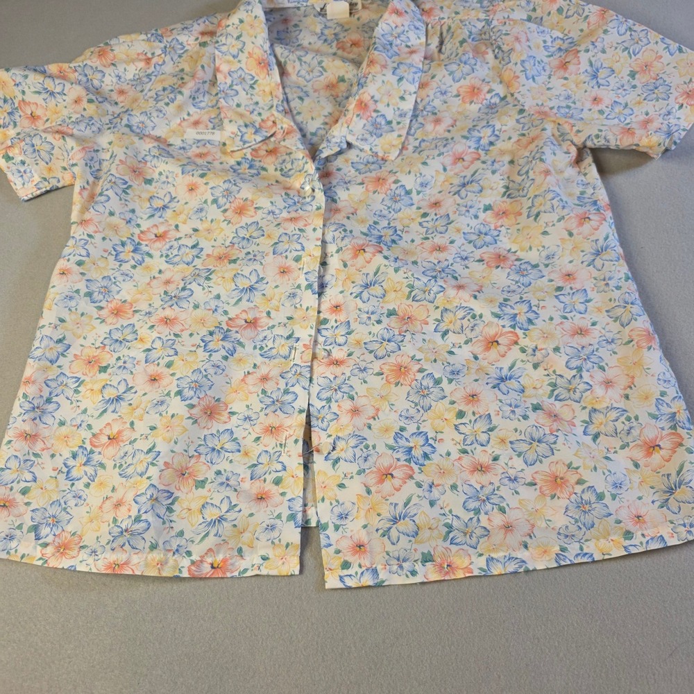 Lady Holiday Vintage Floral Short Sleeve Button Up Blouse Blue Orange Yellow